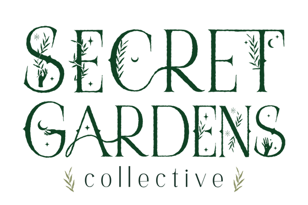 Logo for Secret Gardens Collective with decorative text and leaf elements on a white background